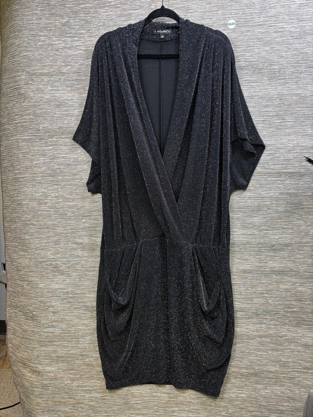 Baby Phat Dress Womens 2X Black Glitter Wrap Dolman Short Sleeve Pocket Midi